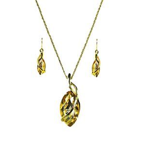 Large Yellow Marquise Crystal Pendant Necklace Earrings Set Gold Statement New